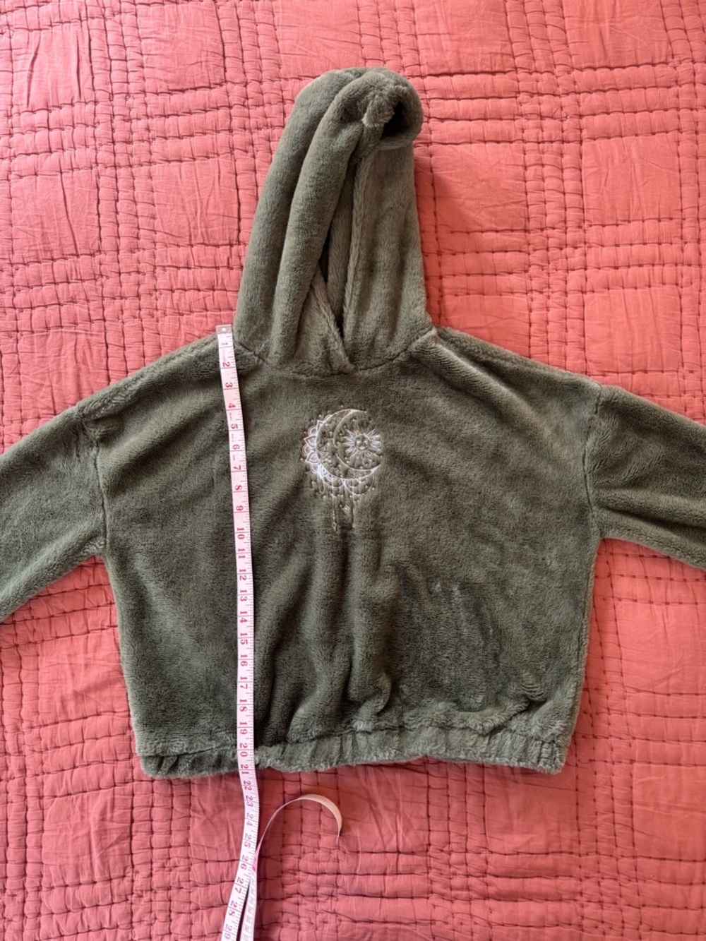 Olive Green Hooded Plush Sweater with Embroidered Dreamcatcher
